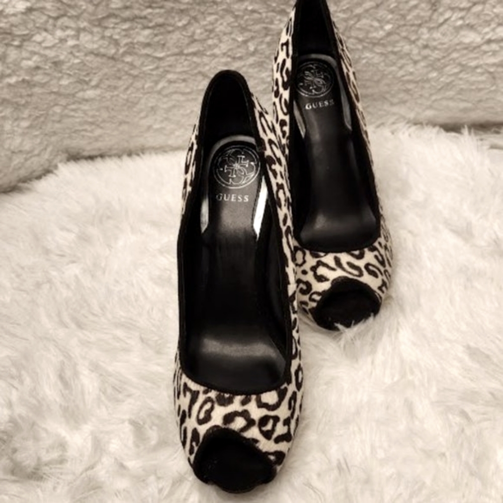 Guess Cheetah Print Peep Toe Stiletto Platform